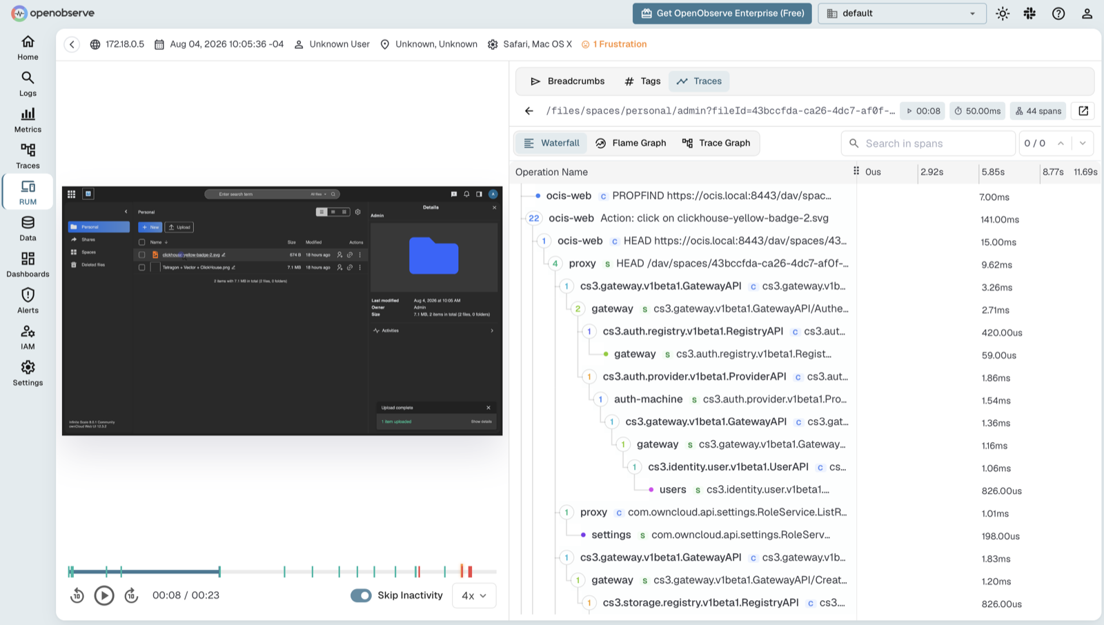 OpenObserve trace waterfall view with an oCIS RUM session replay panel open alongside it