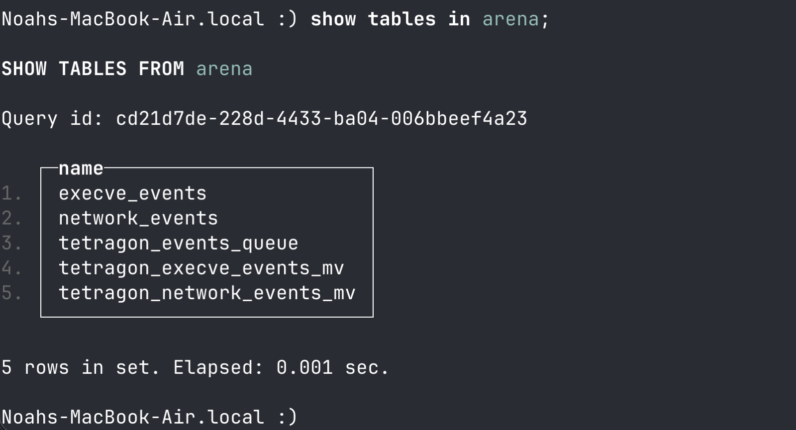 Tables in the ClickHouse database used for Tetragon event storage